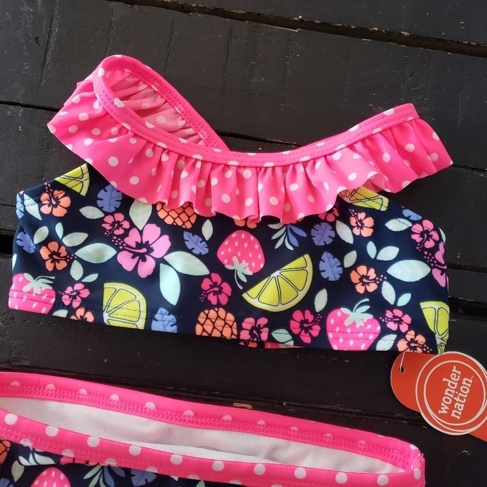 Wonder Nation NWT Toddler Girl 4T Bikini Swimsuit Navy Neon Pink Ruffle Fruit